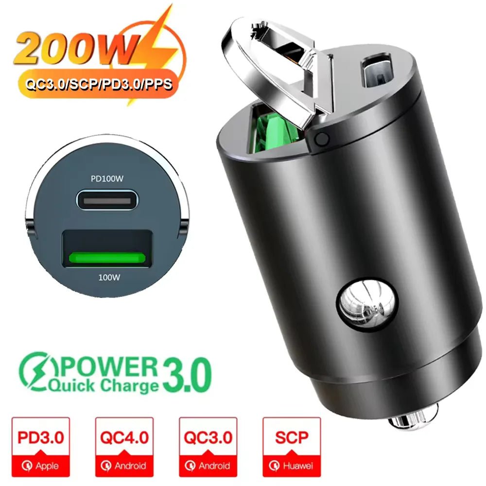 100W/200W QC3.0 PD Mini Car Charger 12 - 24V Lighter Fast Charging Car USB Type C Charger for Xiaomi Samsung Huawei iPhone Power - Avero