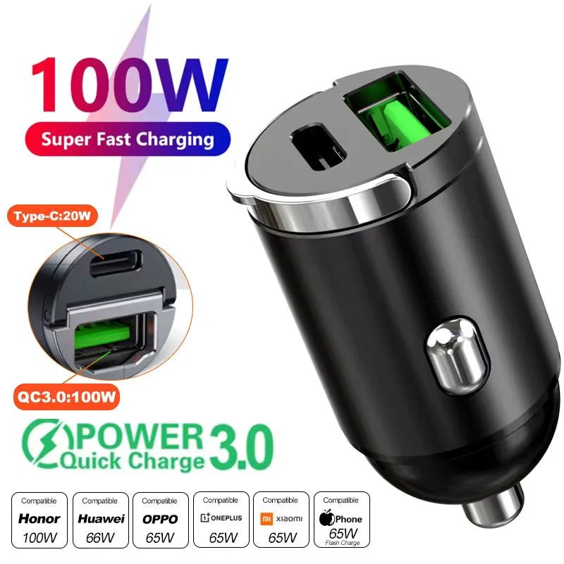 100W/200W QC3.0 PD Mini Car Charger 12 - 24V Lighter Fast Charging Car USB Type C Charger for Xiaomi Samsung Huawei iPhone Power - Avero