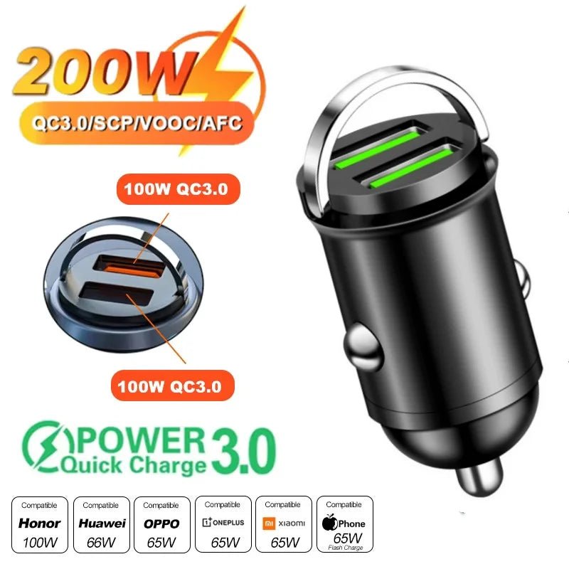 100W/200W QC3.0 PD Mini Car Charger 12 - 24V Lighter Fast Charging Car USB Type C Charger for Xiaomi Samsung Huawei iPhone Power - Avero