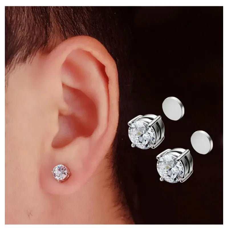 1Pairs Crystal Strong Magnetic Ear Stud Clip Earrings for Men Women, Punk Round Zircon Magnet Earrings Non Piercing Ear Jewelry - Avero