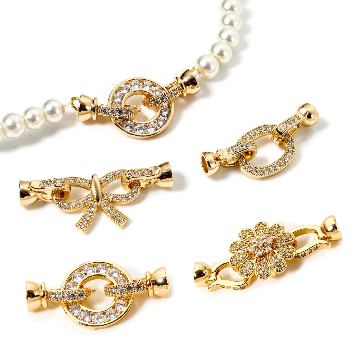1pc Brass Fold Over Clasps Gold Color Round Flower Bowknot Clear Cubic Zirconia Charms DIY Necklace Bracelet Jewelry Findings - Avero