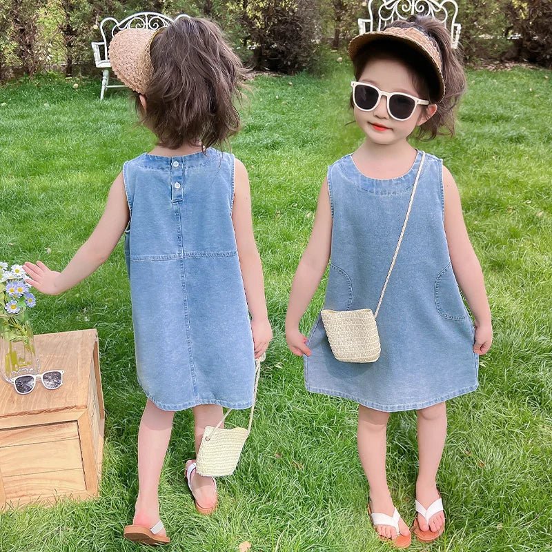2 3 4 5 6 7 8 9 Year Old Kids Baby Sleeveless Denim Vest Dress For Girl Casual Sleeveless Vintage Blue Jeans Dresses With Pocket - Avero