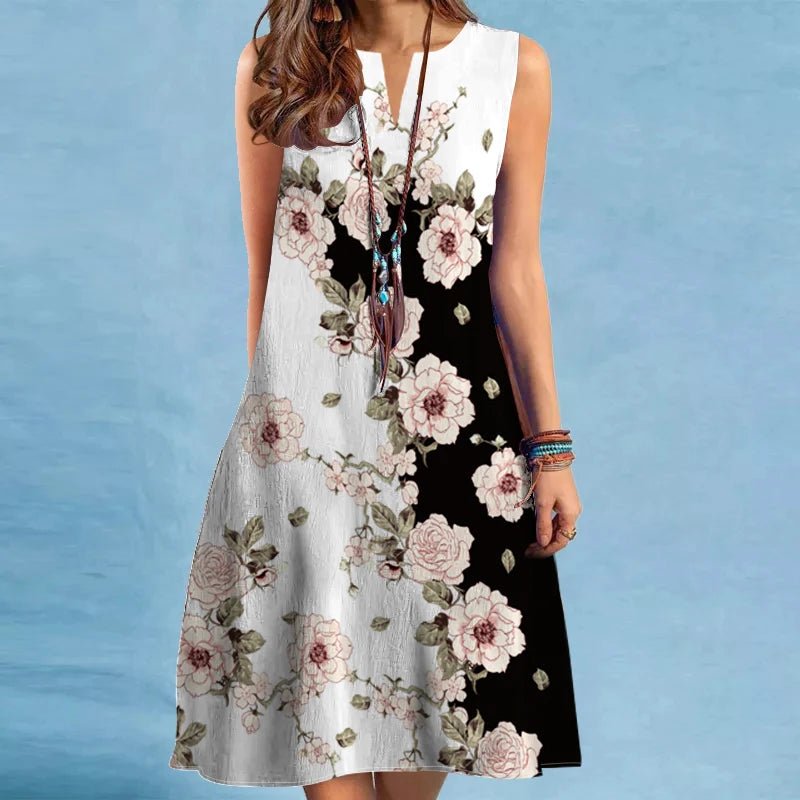 2024 European and American Cross Border Women's New Dress V - neck Sleeveless Sexy Printed Large Hem Foreign Trade Dress - Avero