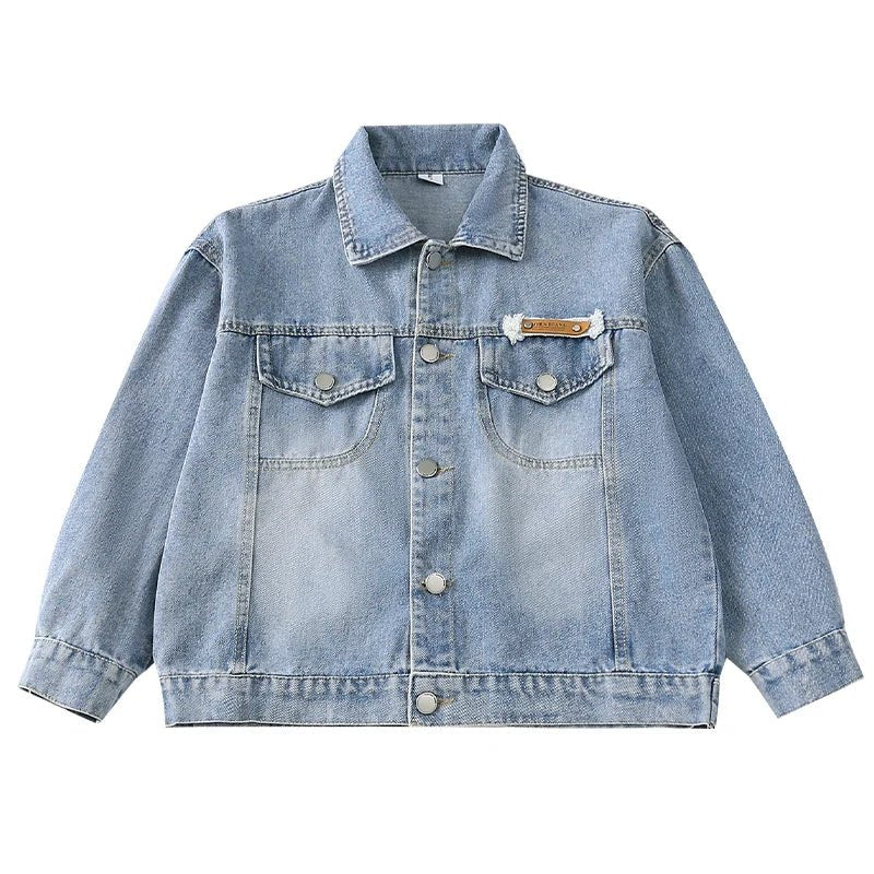 2025 Spring Autumn Children Blue Washed Denim Jacket For Boys Loose Long Sleeve Button Up Back Pockets Fashion Jeans Jacket Coat - Avero