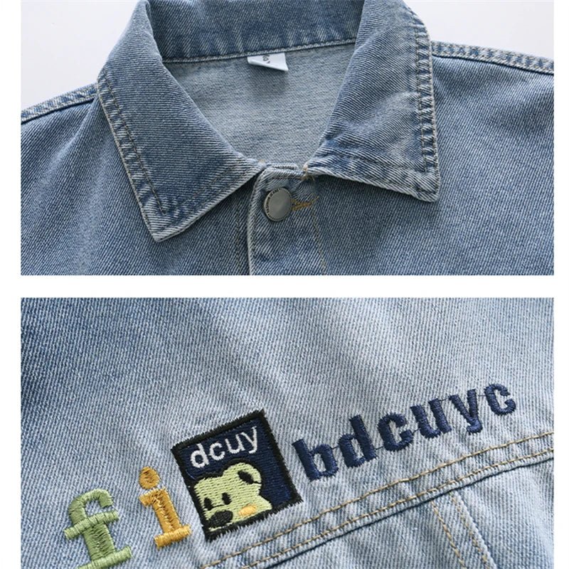 2025 Spring Autumn Children Blue Washed Denim Jacket For Boys Loose Long Sleeve Button Up Back Pockets Fashion Jeans Jacket Coat - Avero