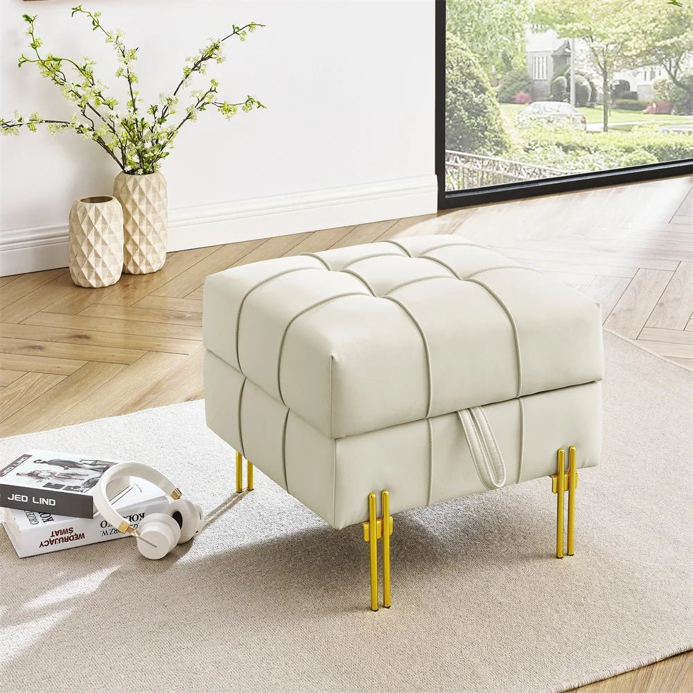 22 - inch leather surface storage stool, gold stainless steel legs, simple design bench, beige. - Avero