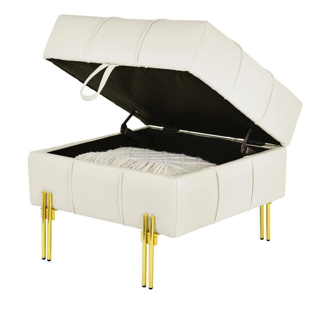 22 - inch leather surface storage stool, gold stainless steel legs, simple design bench, beige. - Avero