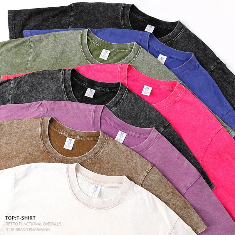 250gsm Men's Washed Vintage T-Shirts Street Hip Hop Retro Punk T Shirt Women Harajuku Casual Cotton Short Sleeve Acid Wash Tops - Avero