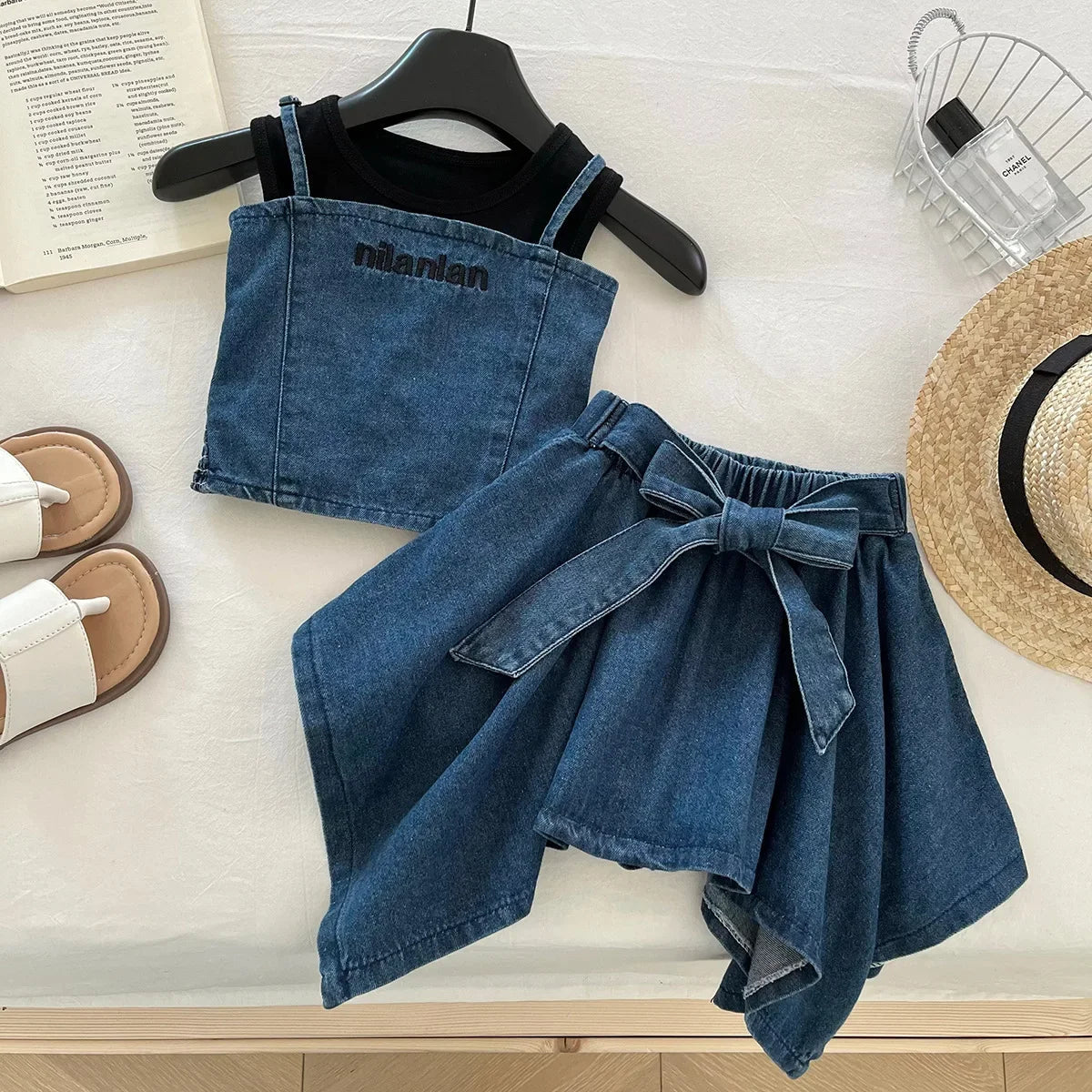 3PCS Summer Fashion Denim Style Toddler Girl Denim Set Embroidered Top & Skirt Cute Trendy Outfit 2 - 10 Years Old Girls Outfit - Avero