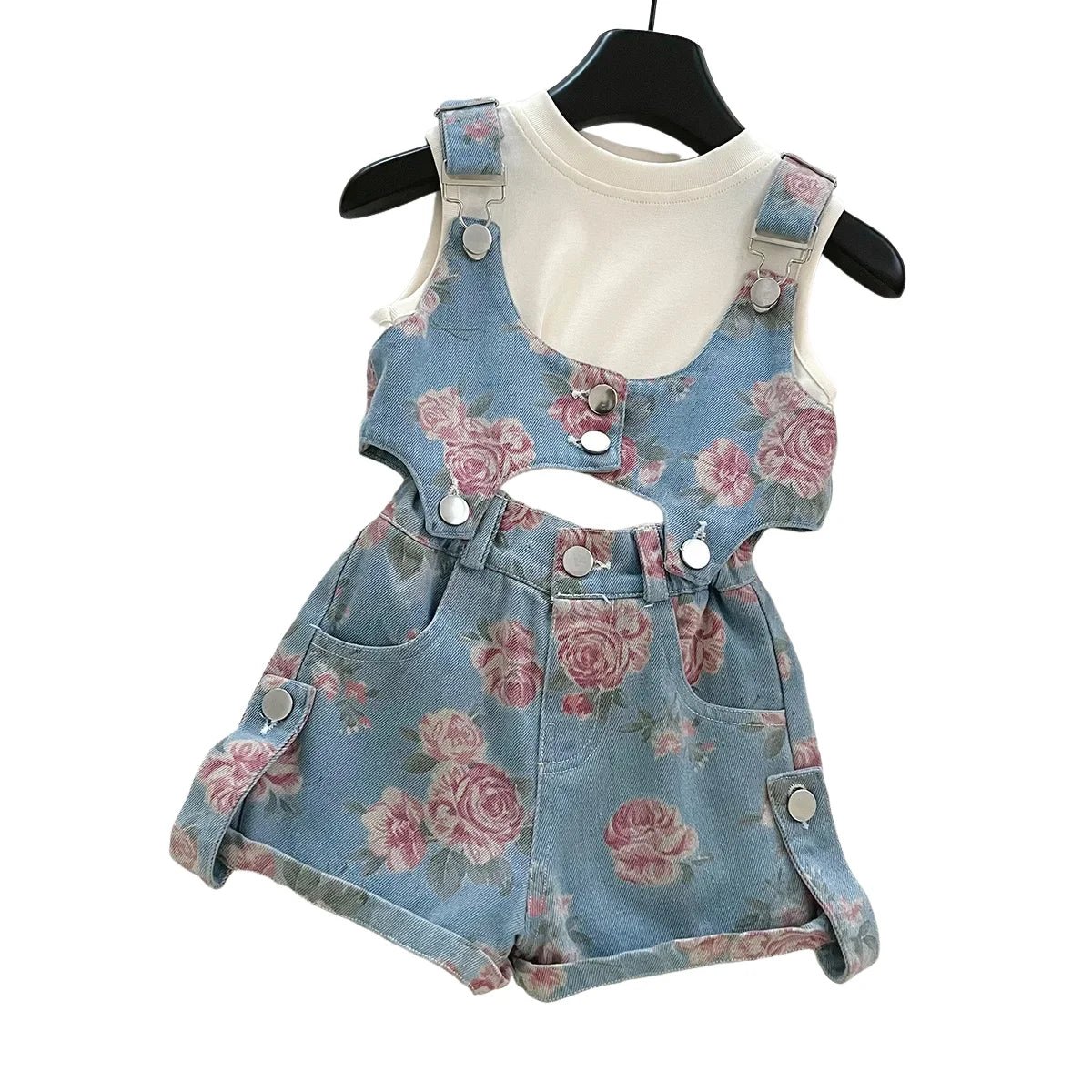 3PCS Summer Floral Girls Denim Tops Overalls Set with Thin Inner T-shirt Outfit for 2 - 10 Years Children Girls Cool Outfit - Avero
