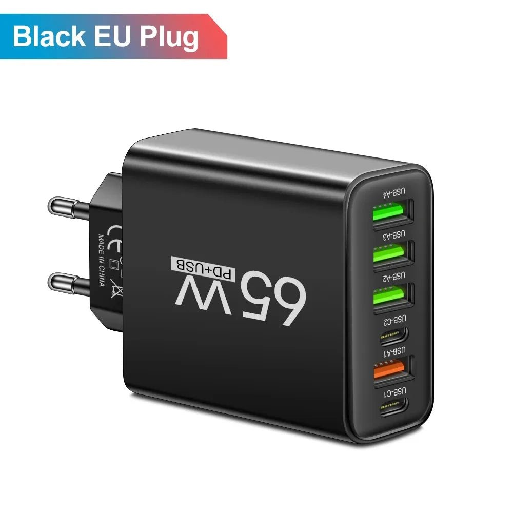 65W USB Phone Charger 6 Ports Type C Fast Charging QC3.0 for Iphone Samsung Xiaomi EU/US Plug Quick Charge Wall Chargers Adapter - Avero