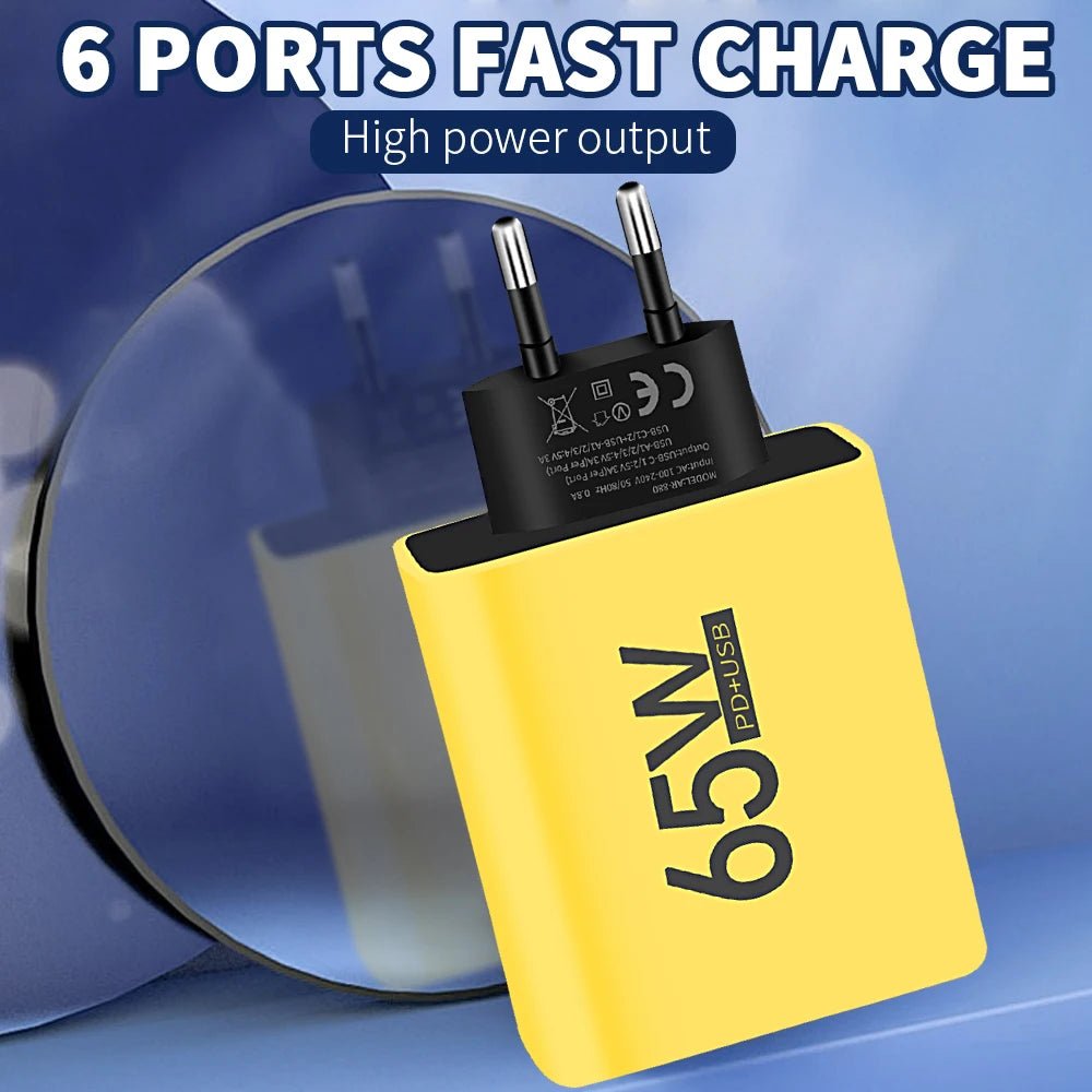 65W USB Phone Charger 6 Ports Type C Fast Charging QC3.0 for Iphone Samsung Xiaomi EU/US Plug Quick Charge Wall Chargers Adapter - Avero