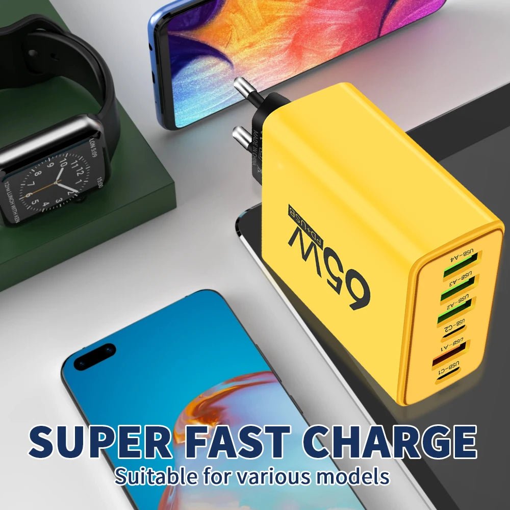 65W USB Phone Charger 6 Ports Type C Fast Charging QC3.0 for Iphone Samsung Xiaomi EU/US Plug Quick Charge Wall Chargers Adapter - Avero