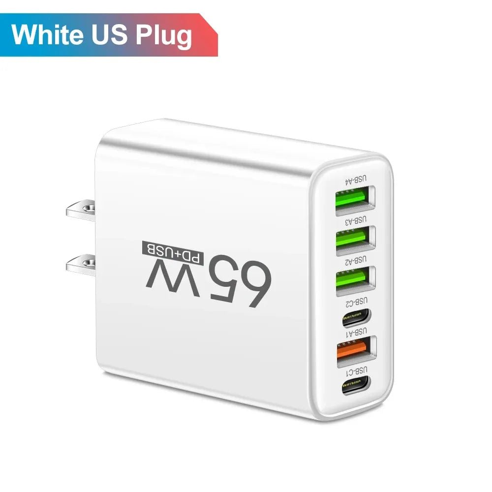 65W USB Phone Charger 6 Ports Type C Fast Charging QC3.0 for Iphone Samsung Xiaomi EU/US Plug Quick Charge Wall Chargers Adapter - Avero