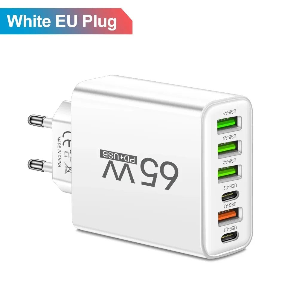 65W USB Phone Charger 6 Ports Type C Fast Charging QC3.0 for Iphone Samsung Xiaomi EU/US Plug Quick Charge Wall Chargers Adapter - Avero