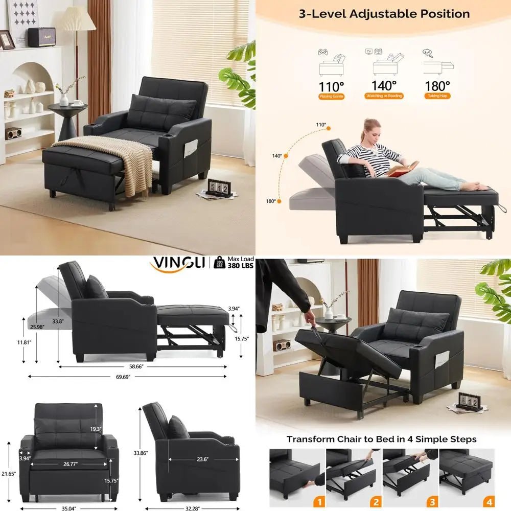 adjustable 3 - in - 1 convertible sofa bed with recliner, pull out couch, 2 usb ports, 2 cup holders, modern sleeper chair for livin - Avero