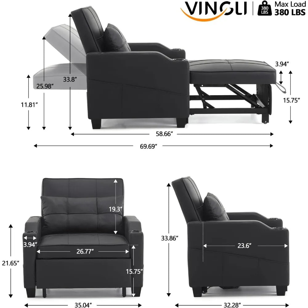 adjustable 3 - in - 1 convertible sofa bed with recliner, pull out couch, 2 usb ports, 2 cup holders, modern sleeper chair for livin - Avero