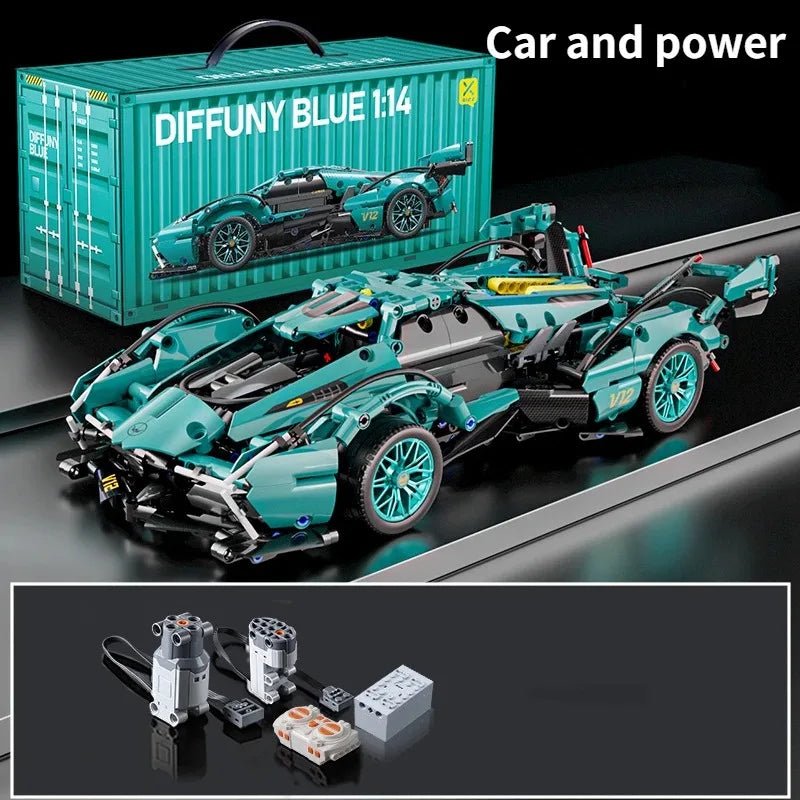 Blue V12 Block Roadster RC Tech Racing 1:14DIY Roadster building block assembly Block car toy birthday gift - Avero