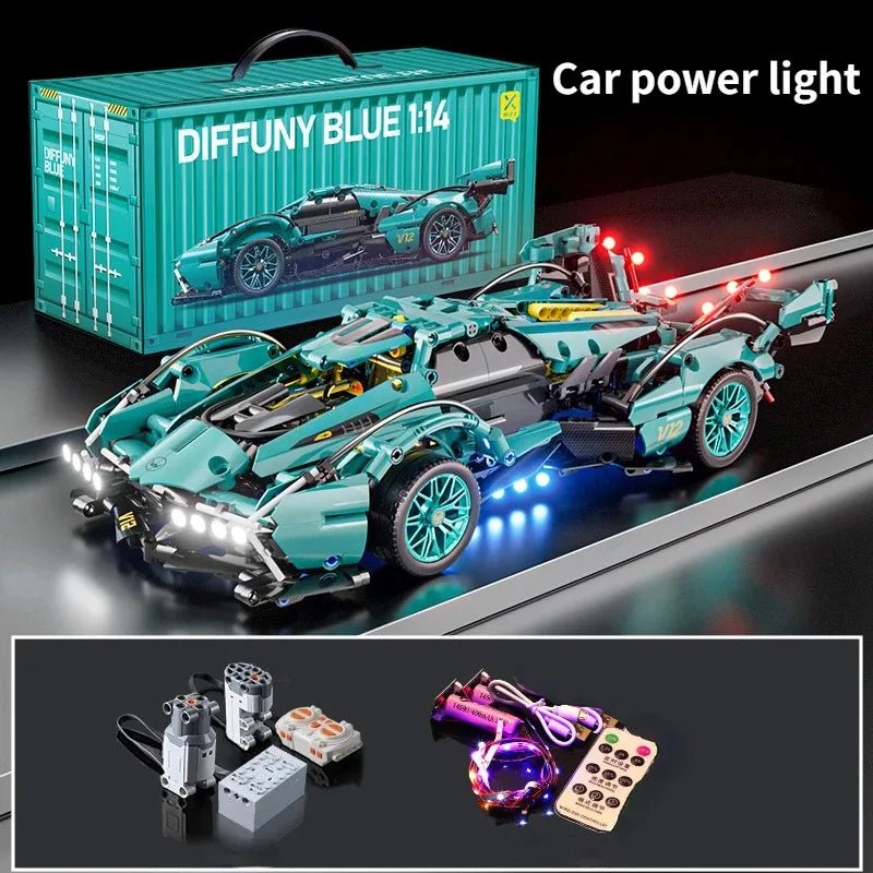 Blue V12 Block Roadster RC Tech Racing 1:14DIY Roadster building block assembly Block car toy birthday gift - Avero