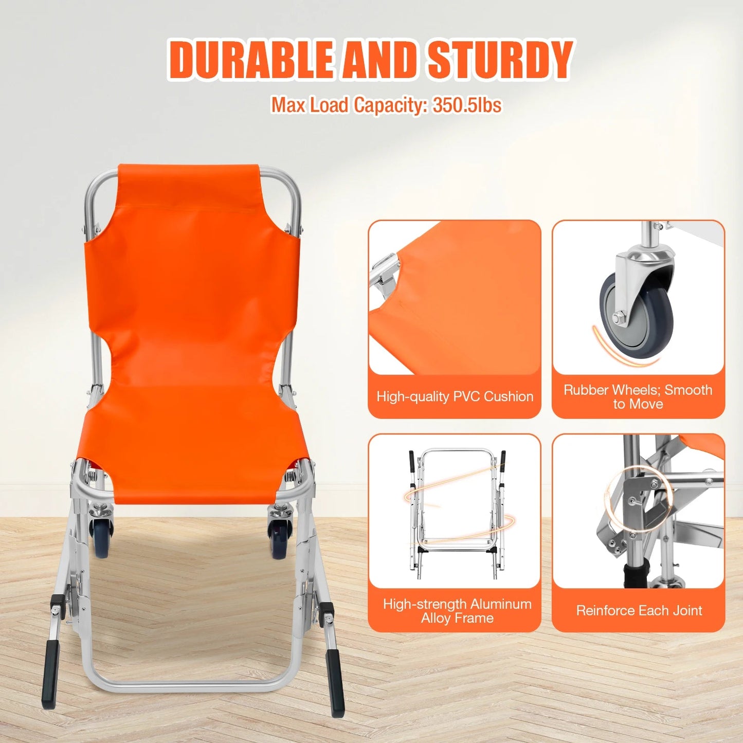 Bymaocar Foldable Two Wheeled Stair Chair Without Brakes, Orange Portable Aluminum Elderly and Patient Care Chair with Handles - Avero