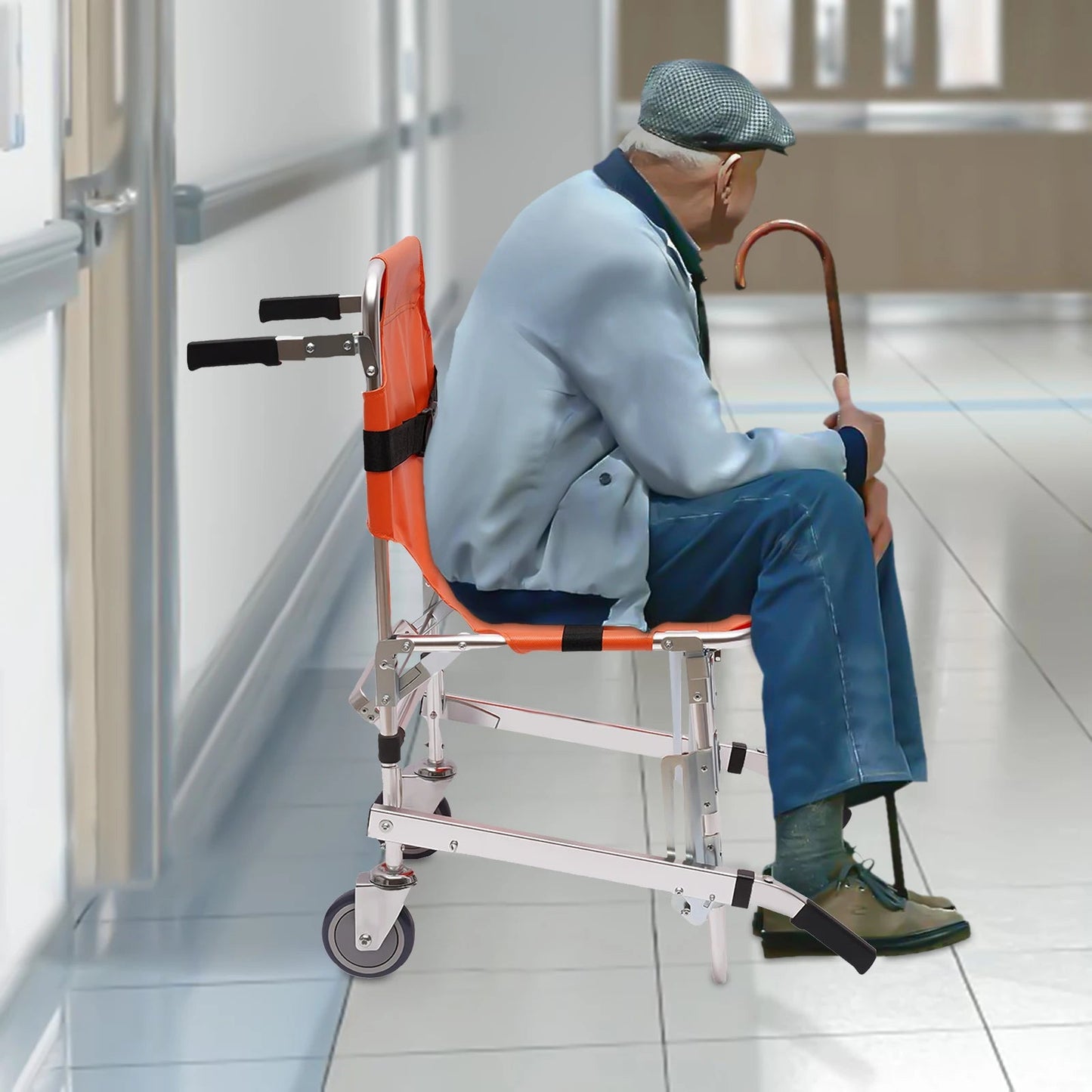 Bymaocar Foldable Two Wheeled Stair Chair Without Brakes, Orange Portable Aluminum Elderly and Patient Care Chair with Handles - Avero