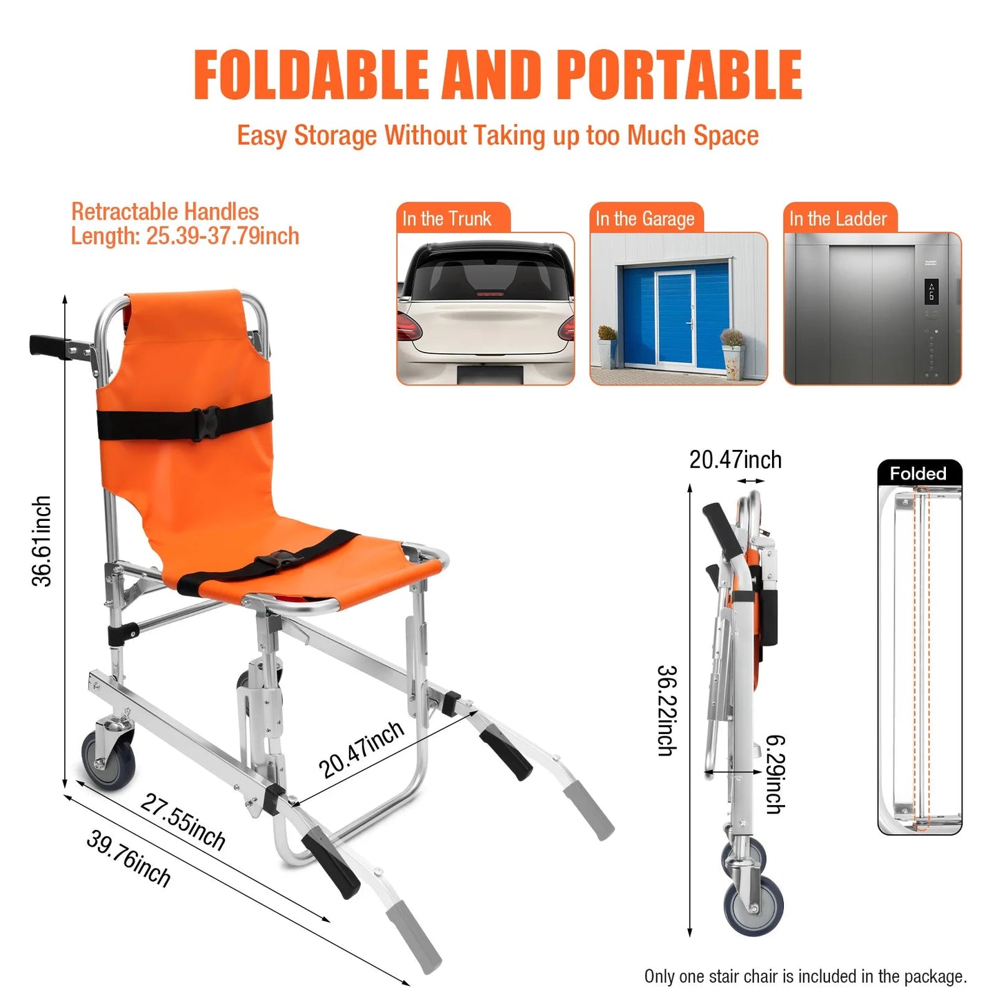 Bymaocar Foldable Two Wheeled Stair Chair Without Brakes, Orange Portable Aluminum Elderly and Patient Care Chair with Handles - Avero