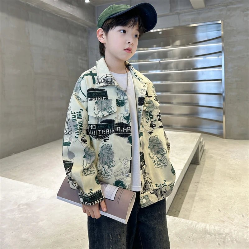 Child Stylish Spring Autumn Beige Denim Jacket Drawings for Teens Boy High Fashion Streetwear Outfit Kids Design Denim Coat 5 - 14 - Avero