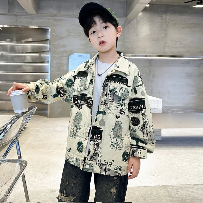 Child Stylish Spring Autumn Beige Denim Jacket Drawings for Teens Boy High Fashion Streetwear Outfit Kids Design Denim Coat 5 - 14 - Avero