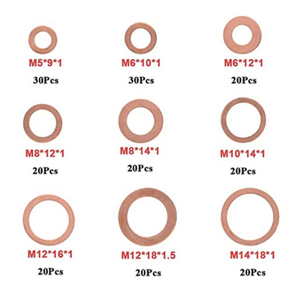Copper Washer Gasket Nut and Bolt Set Flat Ring Seal Assortment Kit with Box //M8/M10/M12/M14 for Sump Plugs - Avero