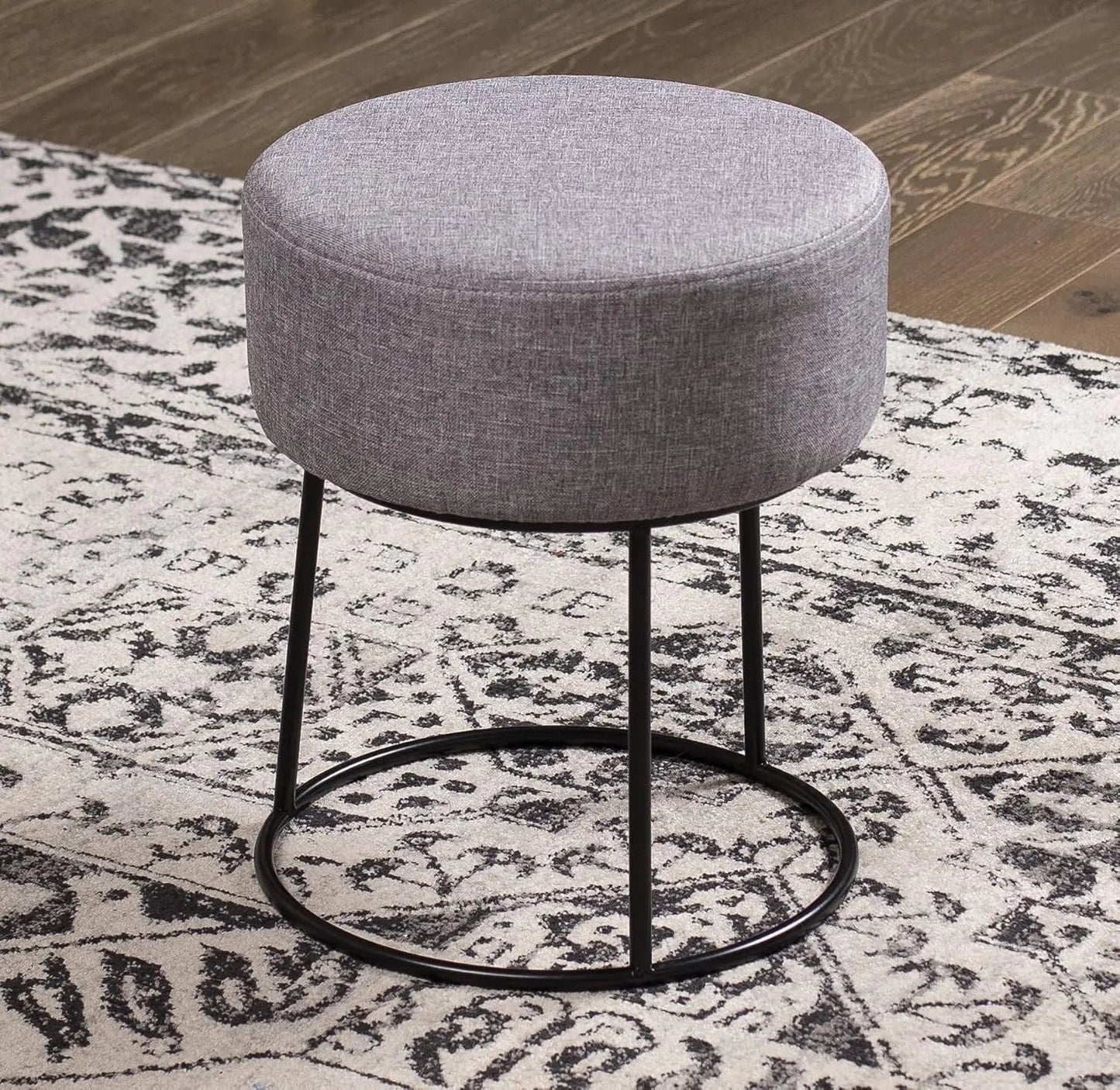 Foot Rest Linen Ottoman - Upholstered Vanity Chair With Bla Metal Legs - Soft Padded Round Stool For Living Room, Bedroom, Kids - Avero
