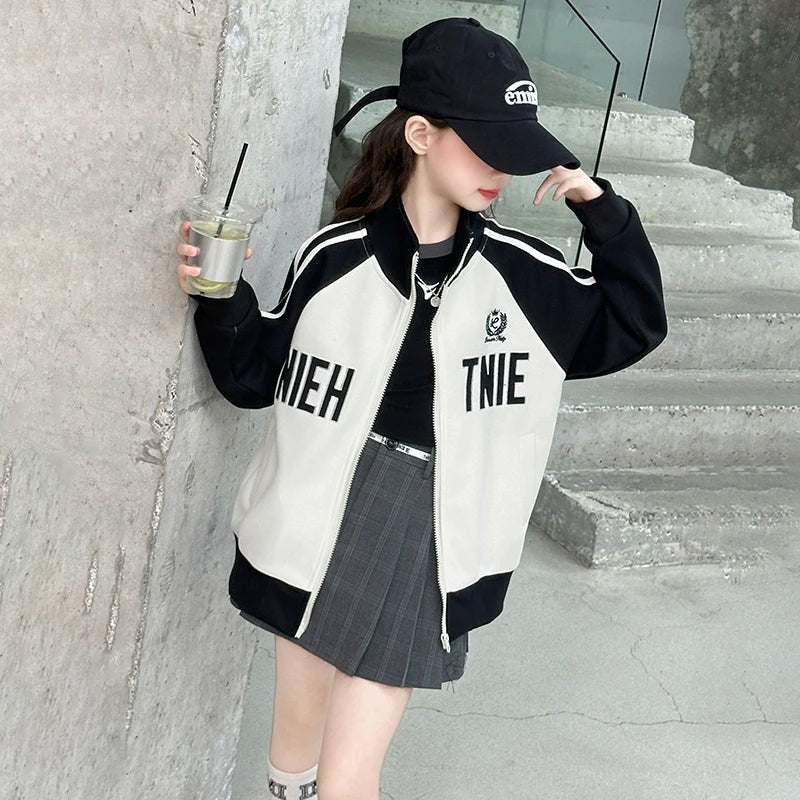 Girls Spring Autumn Baseball Zipper Coat Children Letter Printed Color Blocked Sports Top Jacket Kids Baseball Uniform Clothes - Avero