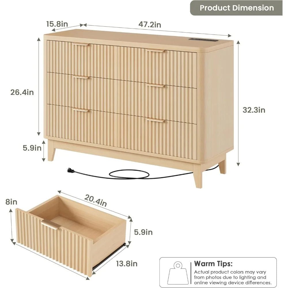 HAIOOU Fluted 6 Drawer Dresser with Power Outlet, 47.2” Wide Modern Chest of Drawers, Curved Profile Design Wooden Dresser for B - Avero