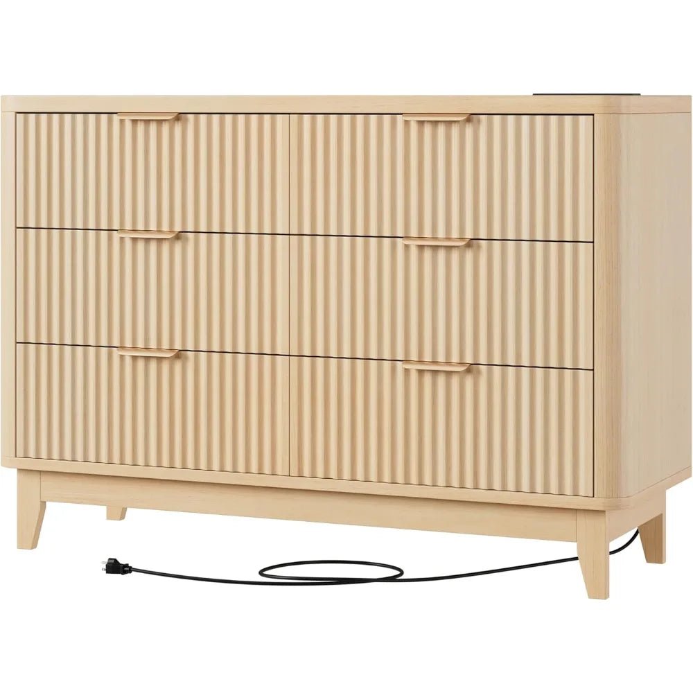 HAIOOU Fluted 6 Drawer Dresser with Power Outlet, 47.2” Wide Modern Chest of Drawers, Curved Profile Design Wooden Dresser for B - Avero