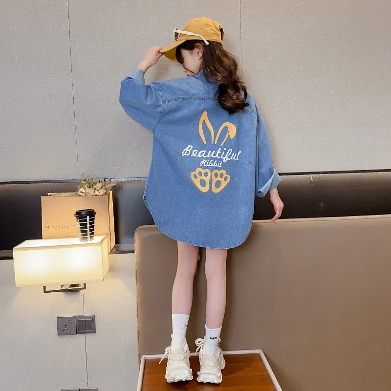 High Fashion Cowgirl Denim Blouses with Rabbit Print for Teenage Girl Loose Casual Long Sleeve Denim Shirt Blouse for Kids Child - Avero