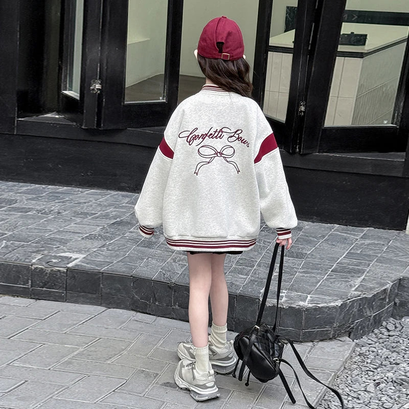 Kids Casual Spring Autumn Clothing Baseball Jacket with Bows for Girls Sports Baseball Shirt Coat Child Sporty Outerwear Tops - Avero