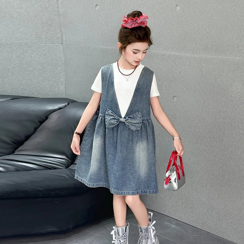 Kids Fashion Reversible Clothes Loose Fit Sleeveless Denim Vest Dress with Bow for Teens Girl Street Outfit Child Jeans Dress - Avero