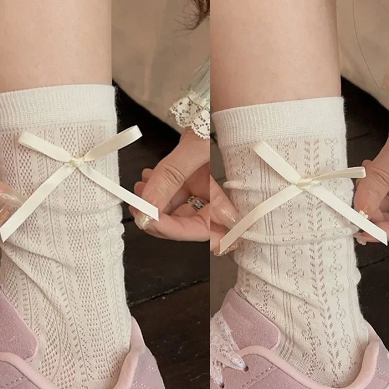 Lolita Thin Tube Bow Socks Side Ribbon Bow Stocking Spring Summer Hollow Cream Kawaii Stockings Cute Trendy Footwear Accessories - Avero