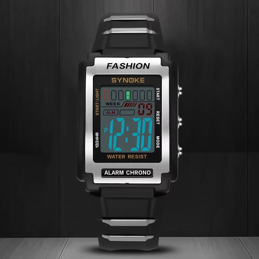 Men Rectangular Sports Electronic Watch Waterproof 50M Night Light Large Screen Alarm Clock Trend Retro Style - Avero