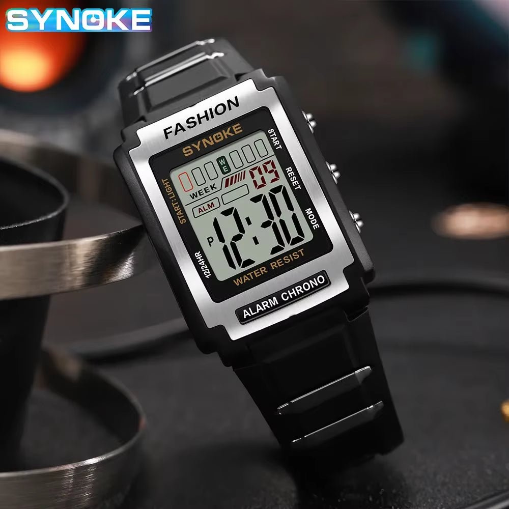 Men Rectangular Sports Electronic Watch Waterproof 50M Night Light Large Screen Alarm Clock Trend Retro Style - Avero