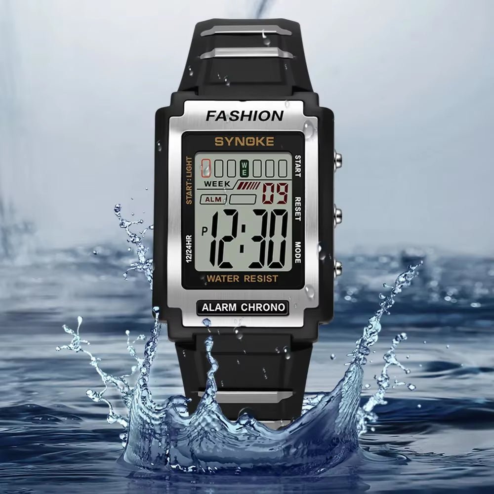 Men Rectangular Sports Electronic Watch Waterproof 50M Night Light Large Screen Alarm Clock Trend Retro Style - Avero