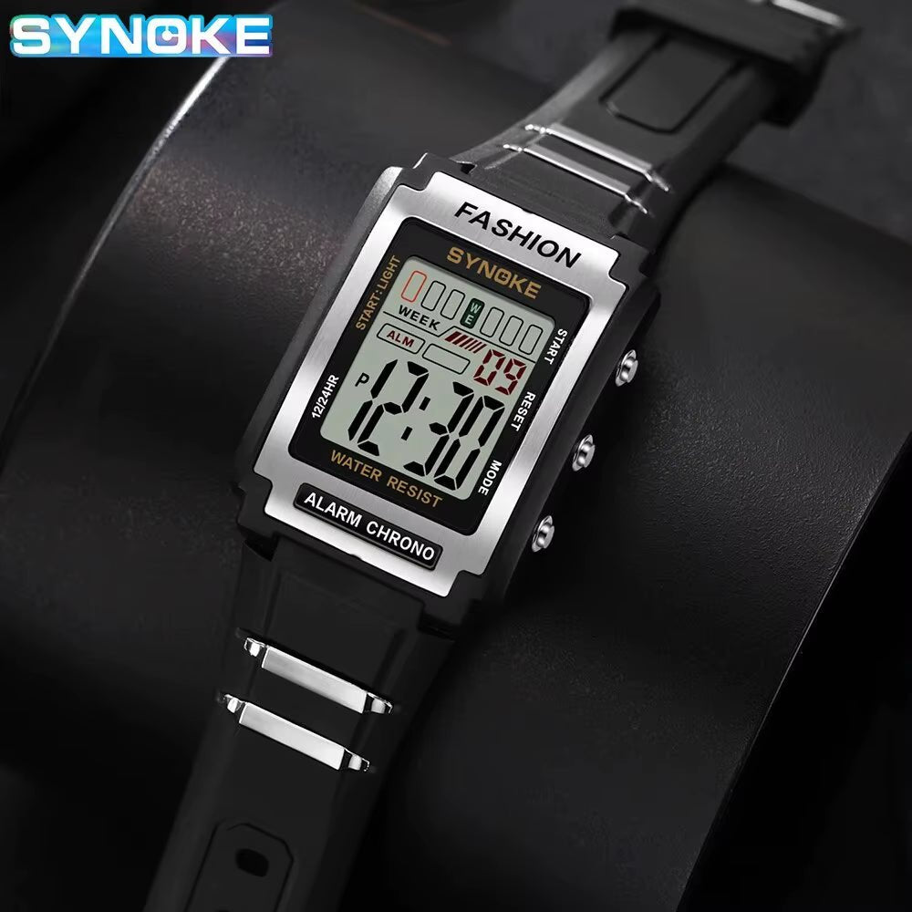 Men Rectangular Sports Electronic Watch Waterproof 50M Night Light Large Screen Alarm Clock Trend Retro Style - Avero