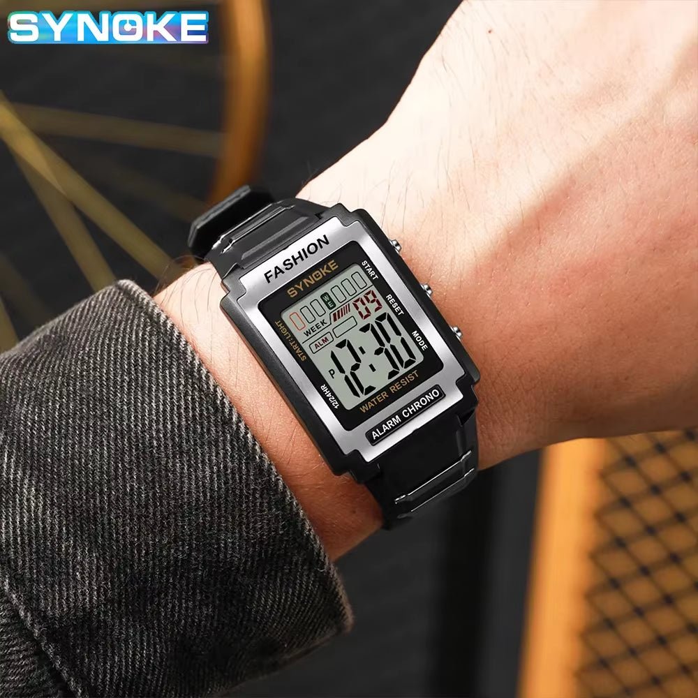 Men Rectangular Sports Electronic Watch Waterproof 50M Night Light Large Screen Alarm Clock Trend Retro Style - Avero