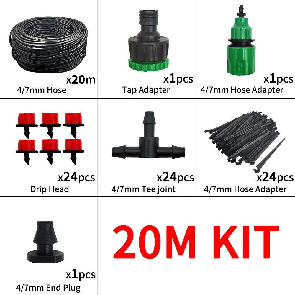 Micro Drip Irrigation System Portable 20M Automatic Watering with Adjustable Drippers Misting Watering Kits Garden Hose - Avero