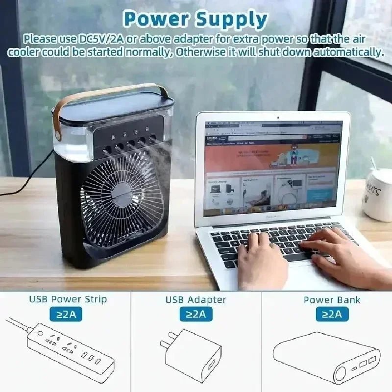 Portable Humidifier Fan Air Conditioners USB Electric Fan LED Night Light Water Mist Fun 3 In 1 Air Cooler Humidifie For Home - Avero