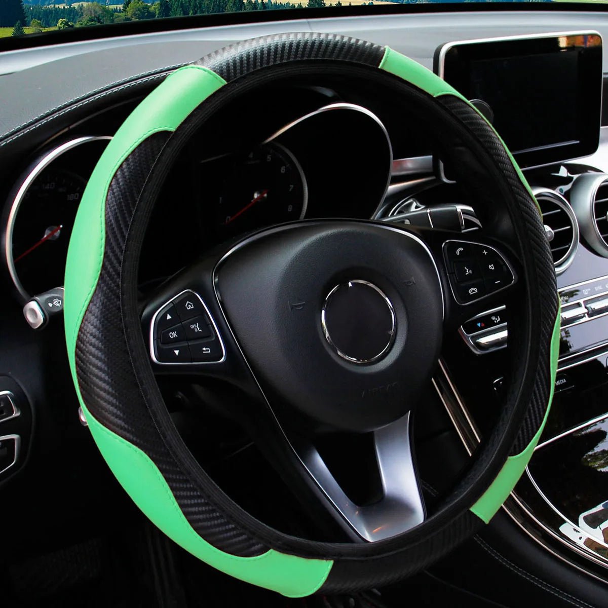 PU Carbon Fiber Leather Car Steering Wheel Cover without Inner Ring Suitable for 14.5 - 15 Inches of Automotive Supplies - Avero