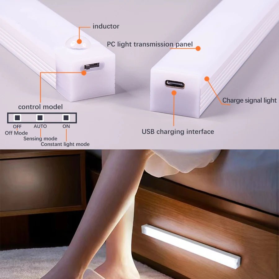 Rechargeable LED Motion Sensor Night Light Under Cabinet Cordless Lamp for Kitchen Wardrobe Bedside Induction Strip Bar Light - Avero