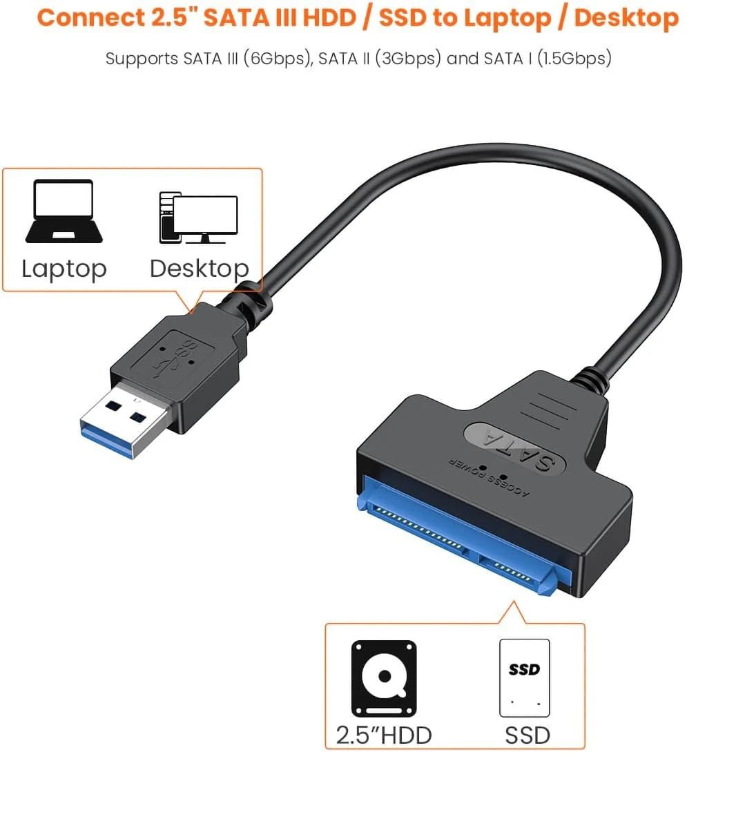 SATA to USB 3.0 Cable, USB 3.0 to SATA Adapter, Compatible with 2.5" SATA III HDD&SSD Hard Disk Driver - Avero