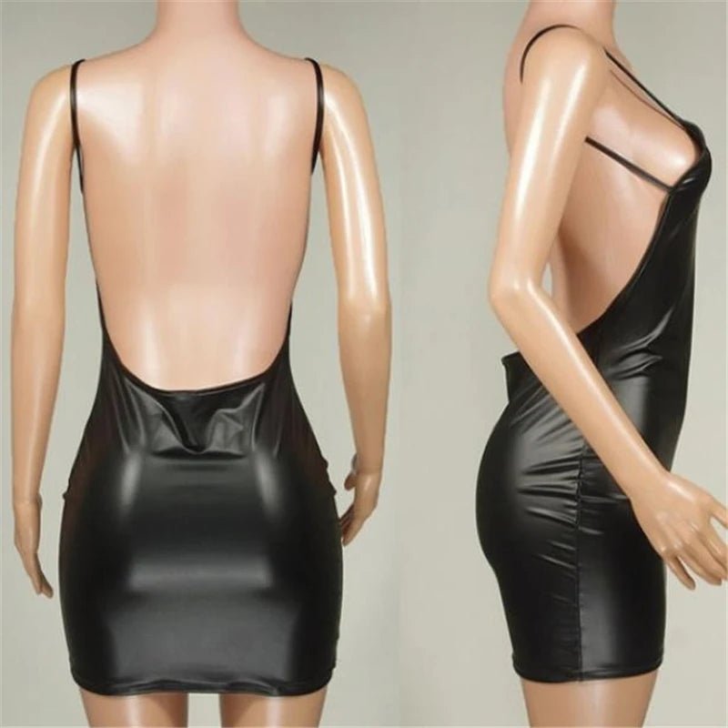 Sexy Faux Leather Dress Backless Club Party Short Dress Solid Black Wet Look Latex Bodycon Push Up Bra Mini Micro Dress - Avero
