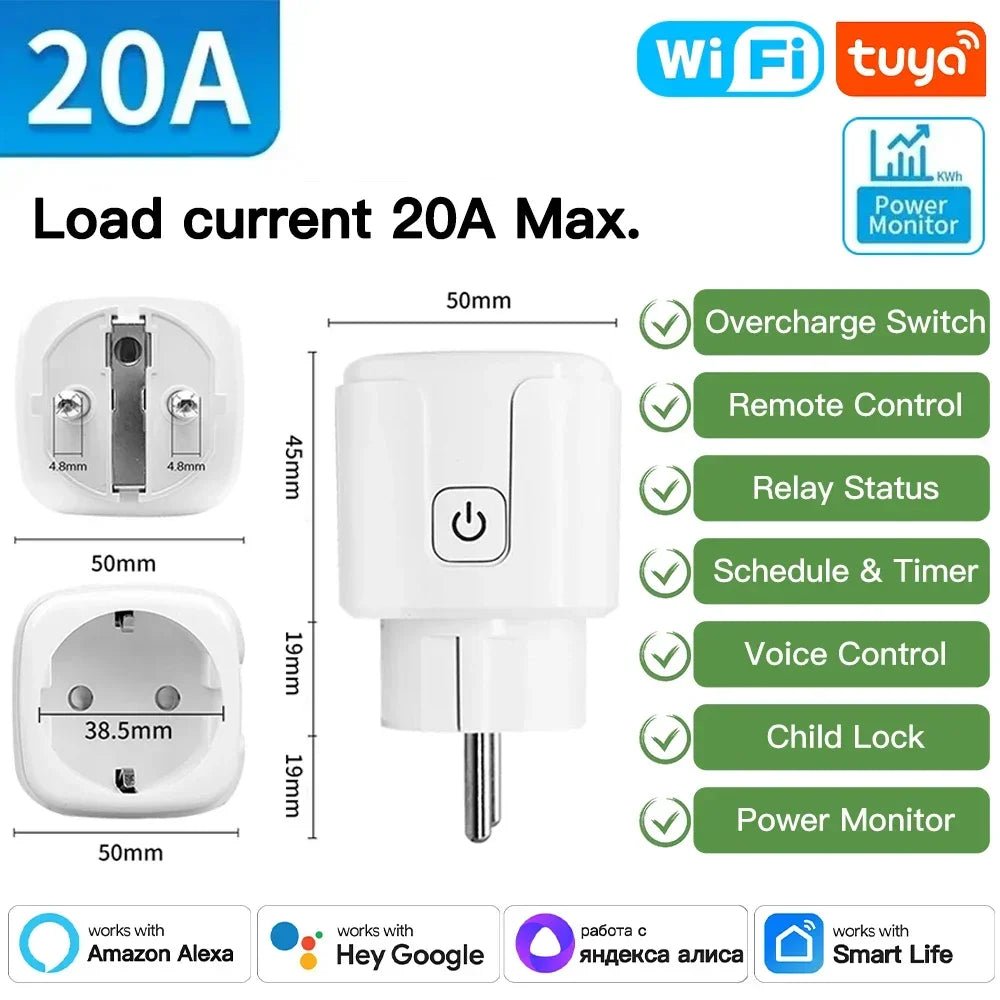 Smart Plug WiFi Socket EU 16A/20A With Power Monitor Timing Function Tuya Smart Life APP Works With Alexa Google Home - Avero
