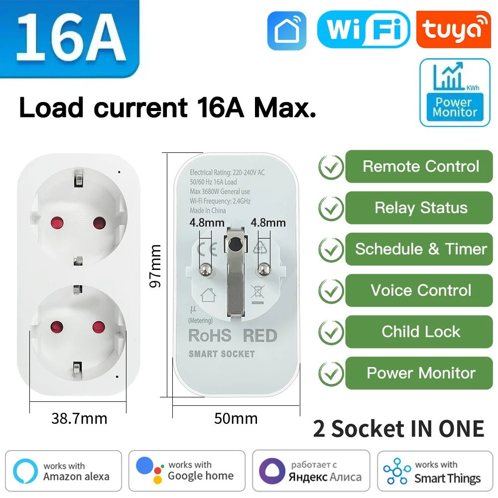 TNCE TUYA Smart Plug WiFi or Zigbee3.0 Socket EU 16A/20A Power Monitor Timing Function Voice Control Work With Alexa Google Home - Avero